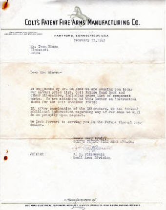 1942 colt communication with customer about woodsman pistol