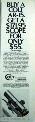 Colt print ad for discount on a 3x20 scope if you buy an AR-15